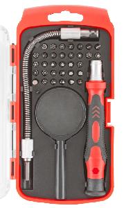 Отвертка с битами для точных работ, 33 биты, гибкий переходник 175мм, лупа, пласт. бокс КУРС (56184)